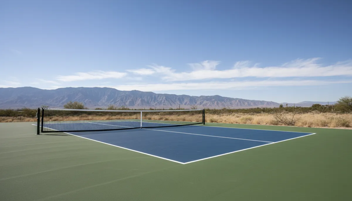 Freshly coated outdoor pickleball court with clear lines and neutral colors