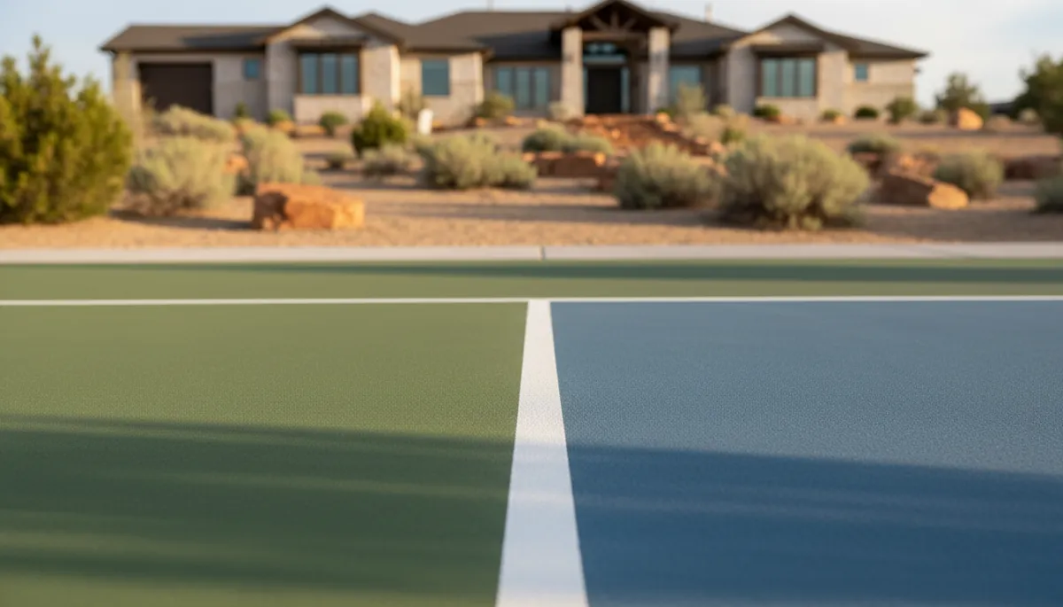 Freshly coated home pickleball court surface with clear lines