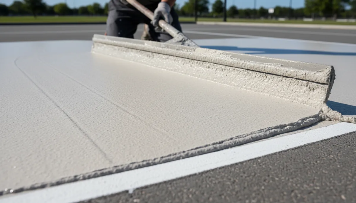 Contractor applying sport surface coating to an outdoor pickleball court