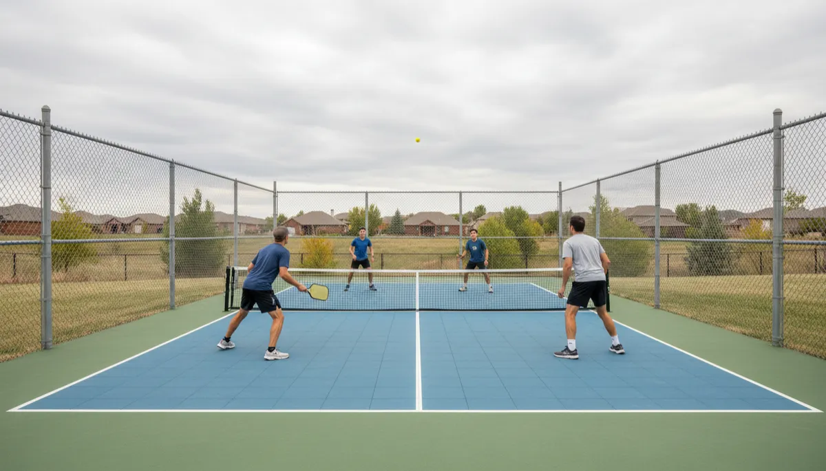 Side view of a Utah pickleball court with sturdy neutral fence Side view of a Utah pickleball court with sturdy neutral fence