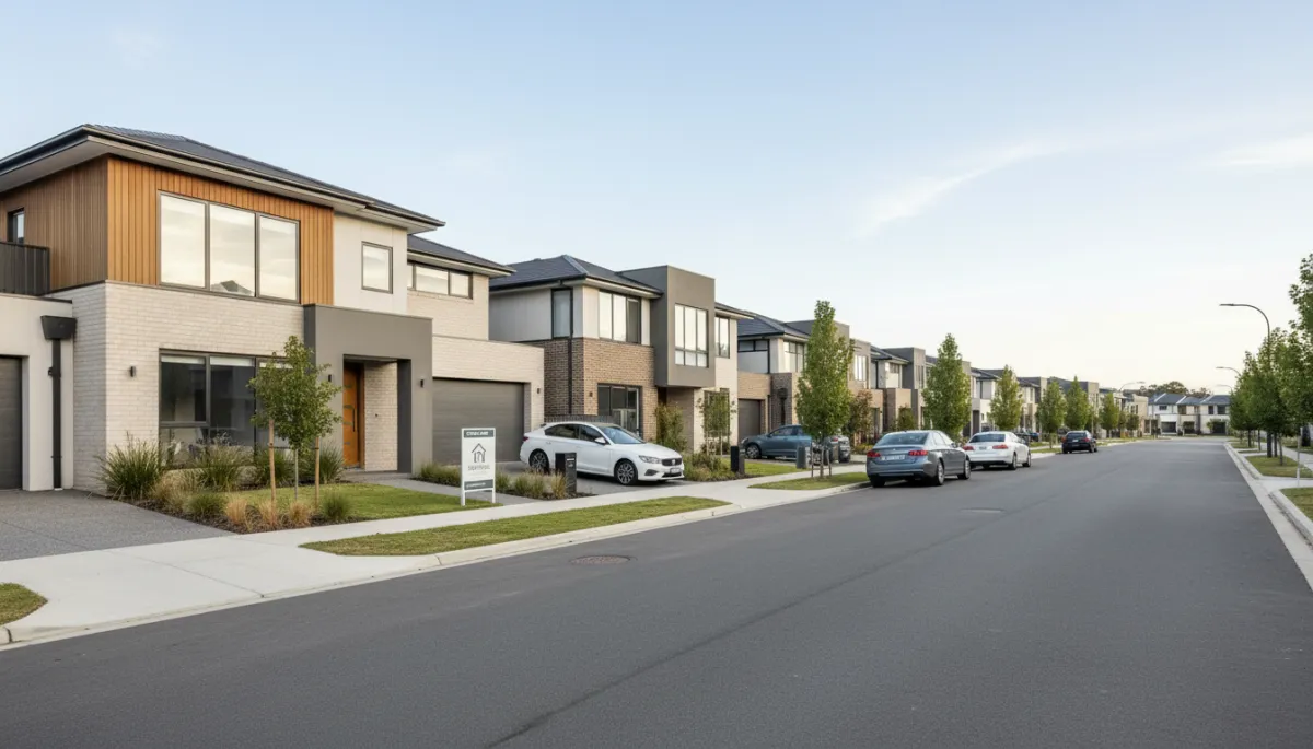Australian suburban streetscape with modern homes and a subtle for sale sign Australian suburban streetscape with modern homes and a subtle for sale sign