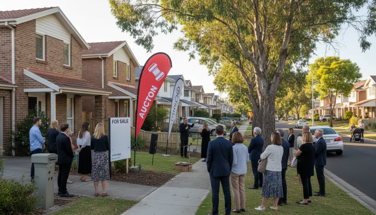 Australian residential street with auction flags and modern homes Australian residential street with auction flags and modern homes