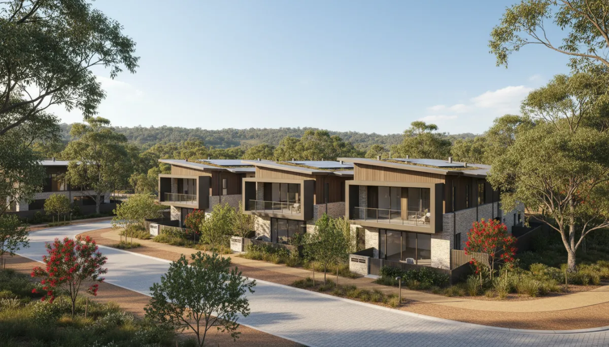 A realistic photo of a modern Australian townhouse development surrounded by native trees and landscaped streets, sunny afternoon