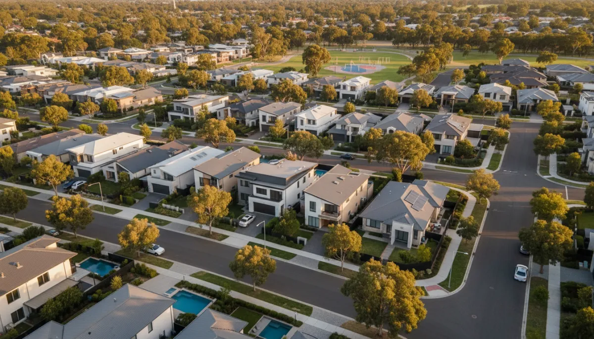 A realistic photography aerial view of a modern Australian suburban neighbourhood with contemporary houses, gum trees lining the streets, warm afternoon light and a calm residential atmosphere, neutral colour palette