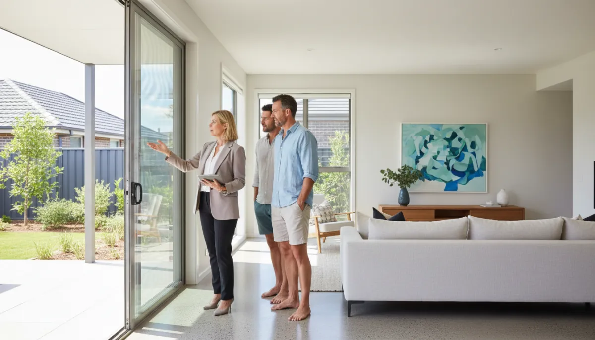 A realistic photo of an Australian couple inspecting a modern suburban home with a real estate professional, bright natural light, contemporary interiors