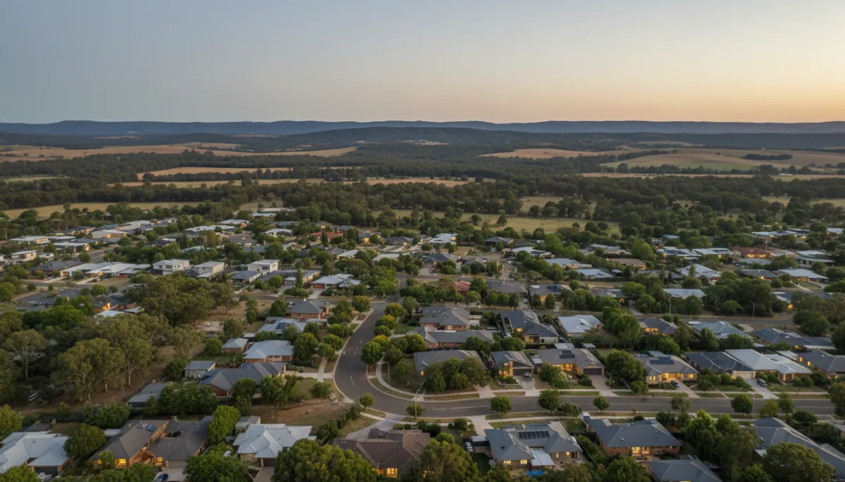 editorial aerial view of an Australian regional township at dusk, featuring modern low-rise homes, tree-lined streets and distant rolling hills under soft neutral light editorial aerial view of an Australian regional township at dusk, featuring modern low-rise homes, tree-lined streets and distant rolling hills under soft neutral light