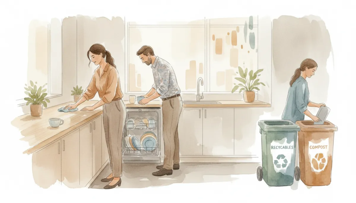 Employees maintaining cleanliness and safety in a shared workplace break room Employees maintaining cleanliness and safety in a shared workplace break room