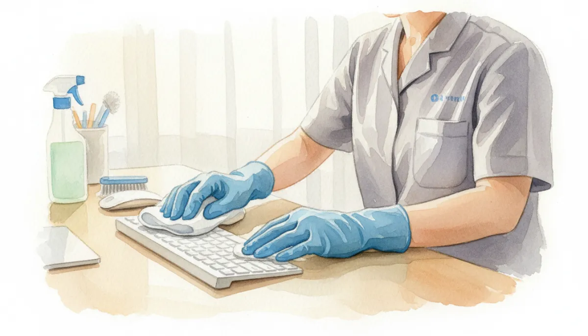 Cleaner disinfecting an office workstation