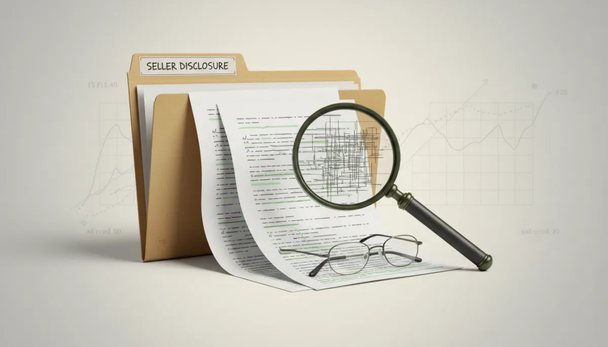 Seller disclosure and inspection report laid out on a table with a calculator and coffee