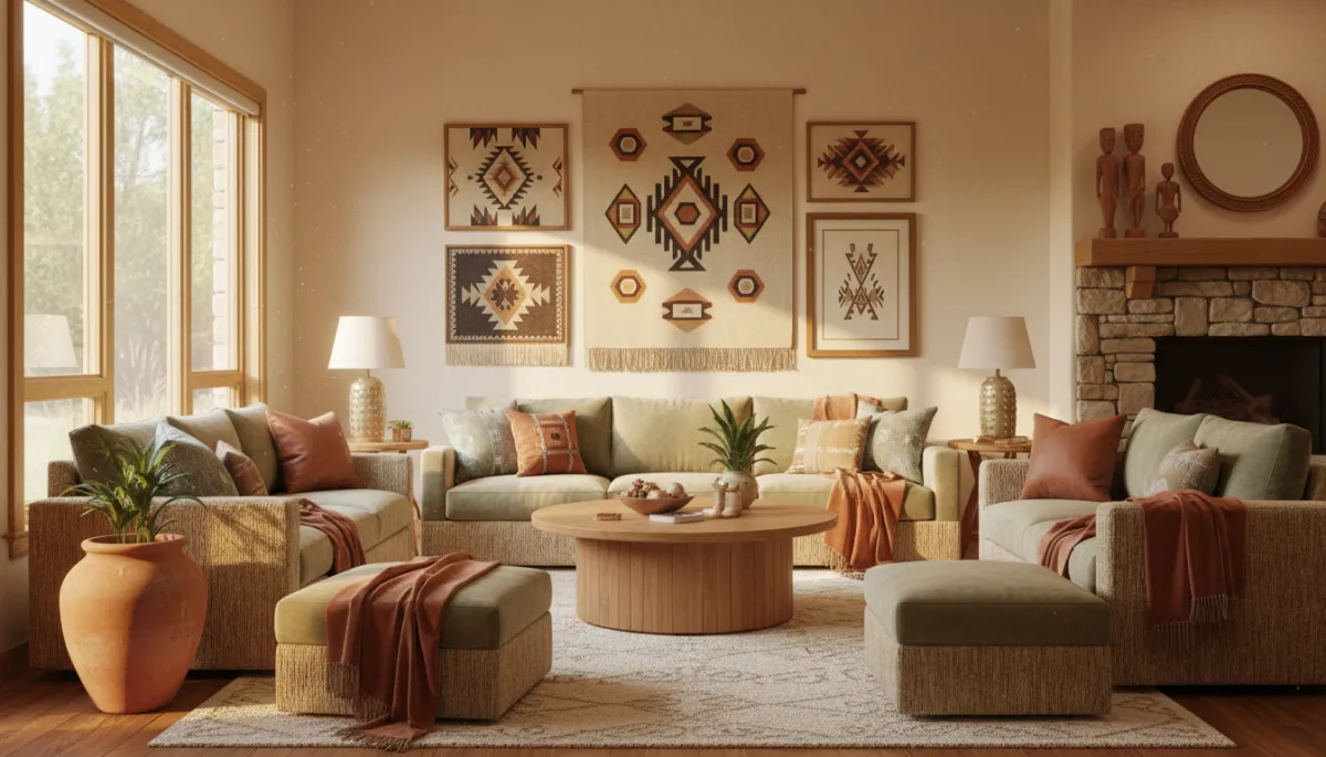 Warm neutral-toned Oklahoma living room with Native American artwork and soft natural light Warm neutral-toned Oklahoma living room with Native American artwork and soft natural light