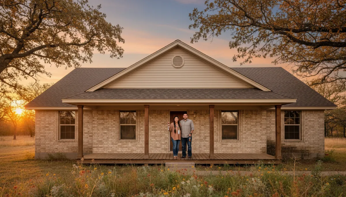 Native American couple standing on the front porch of their new Oklahoma home at sunset Native American couple standing on the front porch of their new Oklahoma home at sunset
