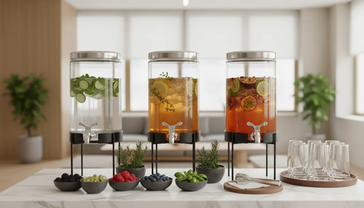 Wellness beverage station with infused waters and alcohol-free mocktails