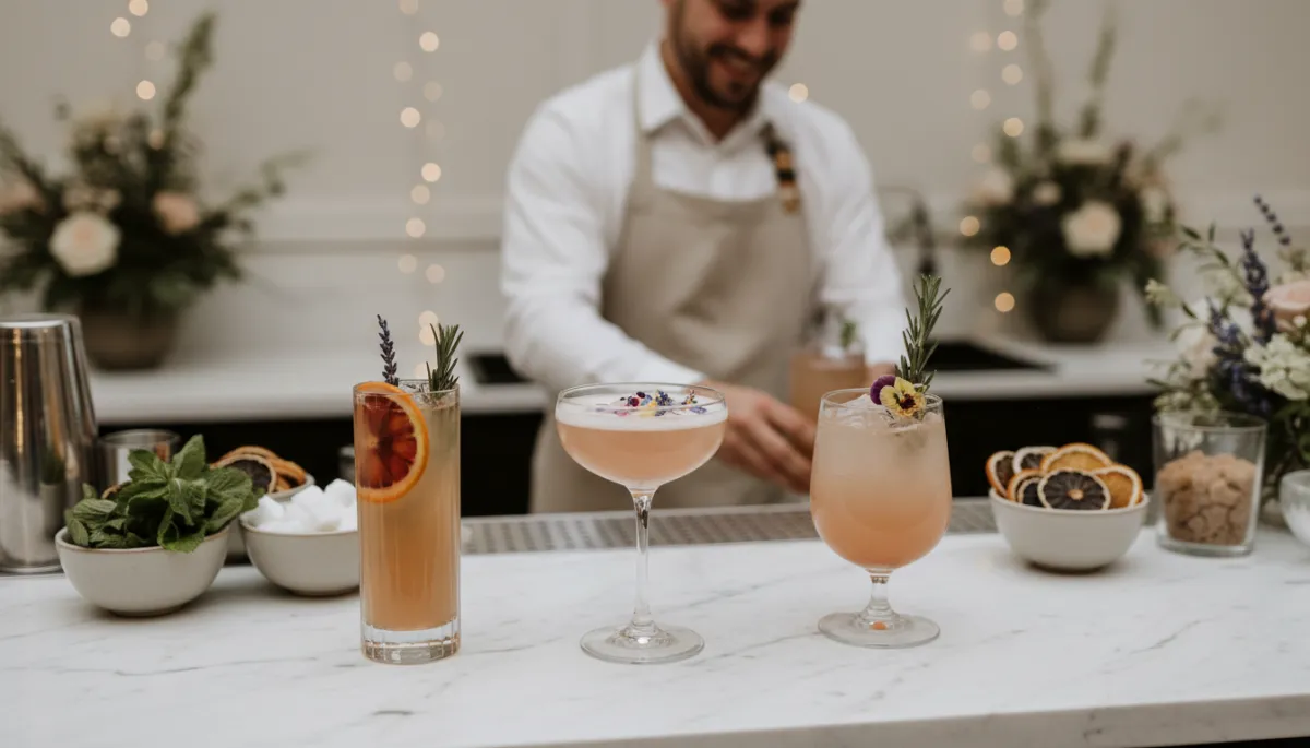 Elegant mocktail bar with signature non-alcoholic wedding drinks in neutral-toned setting