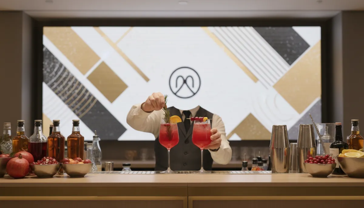 Photorealistic close-up of bartender preparing festive non-alcoholic holiday mocktails at a corporate event