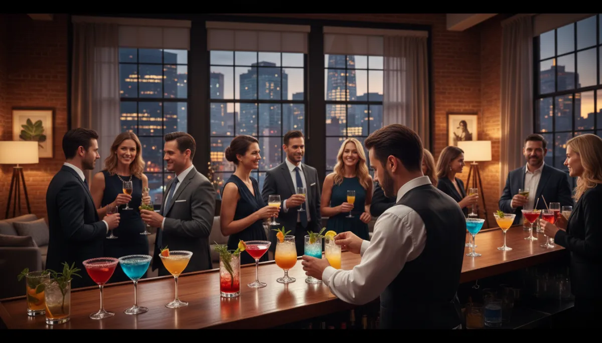 photorealistic neutral-toned corporate cocktail reception in a Manhattan loft, long bar with a bartender garnishing colorful alcohol-free mocktails in elegant glassware, well-dressed professionals networking in the background, warm evening lighting and city skyline visible through large windows