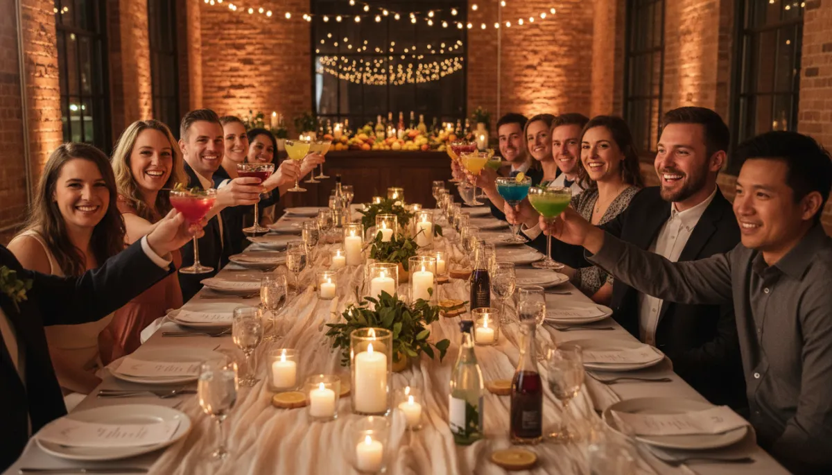 photorealistic neutral-toned wedding reception in a New York loft venue, long banquet tables with white linens and soft beige runners, guests smiling and toasting with colorful mocktails in crystal glassware, warm candlelight and string lights overhead, stylish mocktail bar in the background with fresh fruit and herbs