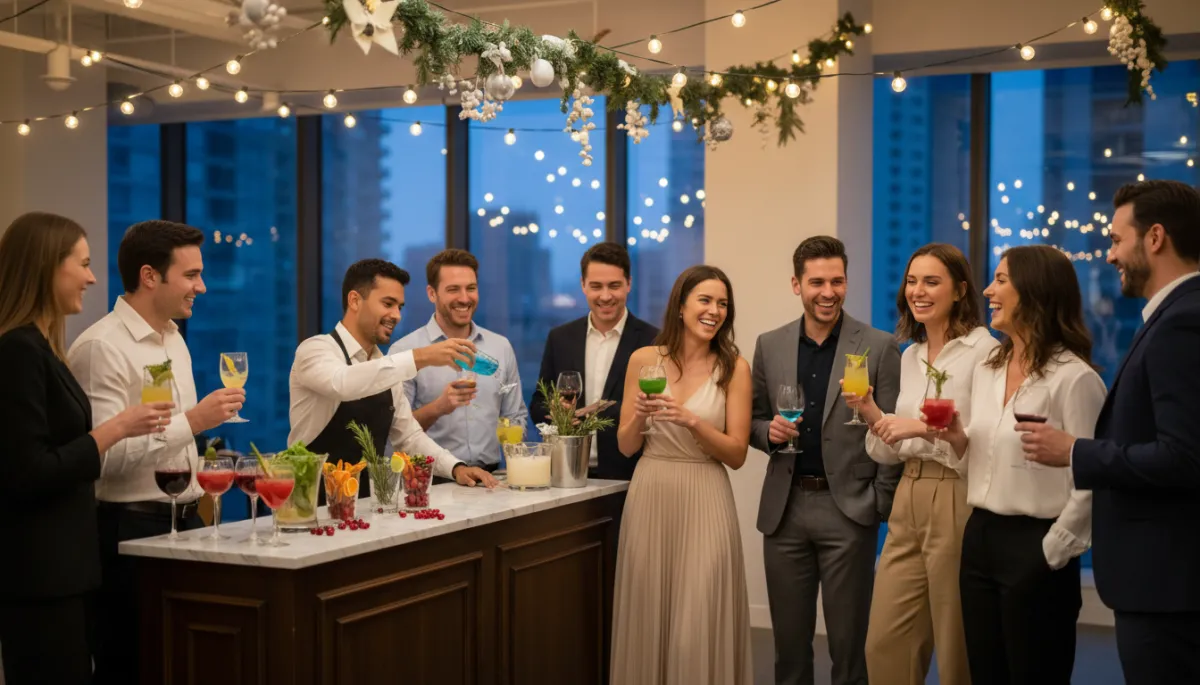 photorealistic neutral-toned corporate holiday party in a modern office, professional mobile mocktail bar with elegant glassware and garnishes, diverse coworkers in business attire laughing and holding colorful non-alcoholic drinks, soft string lights and winter greenery decor