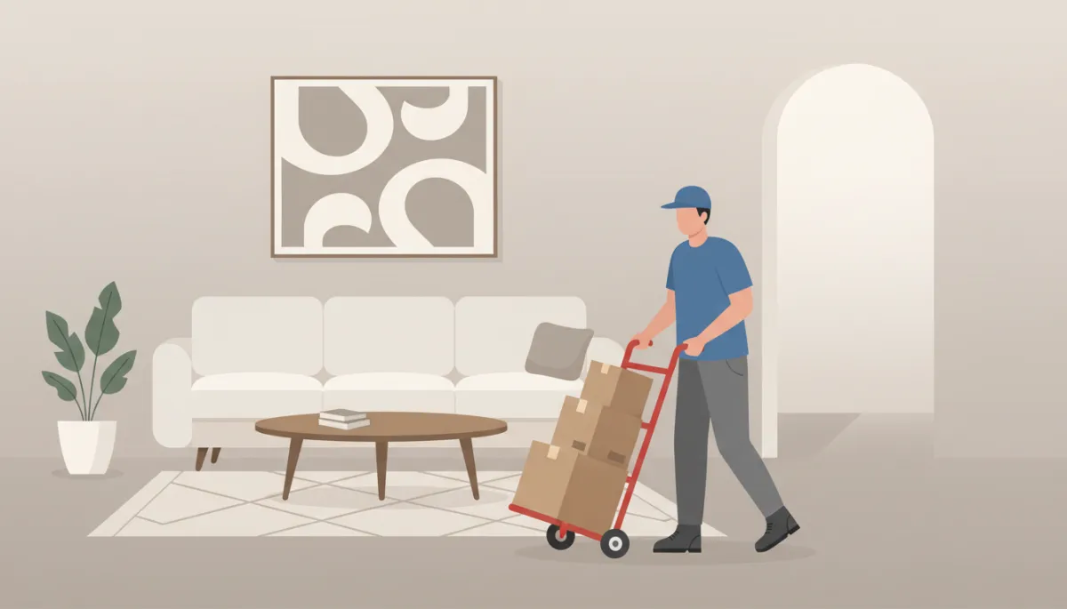 Worker wheeling boxes out of a freshly decluttered living room