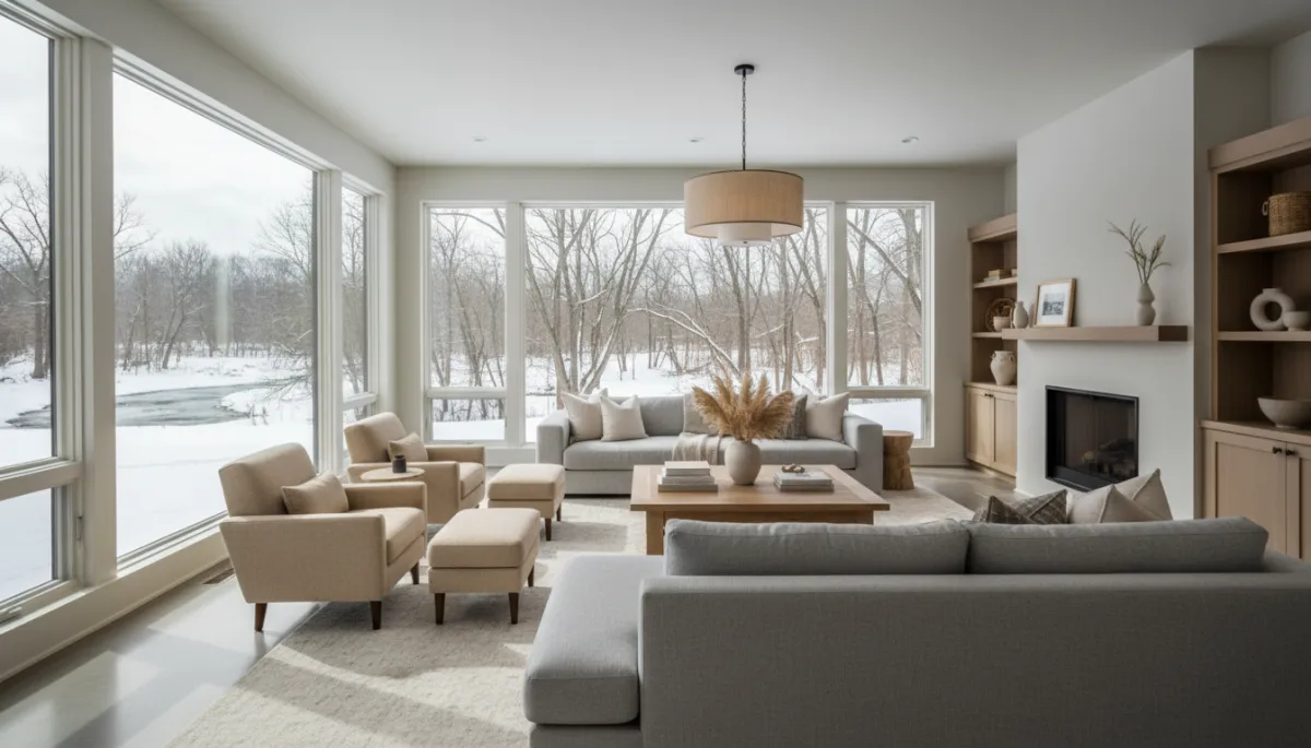New family room home addition with large windows in Western New York