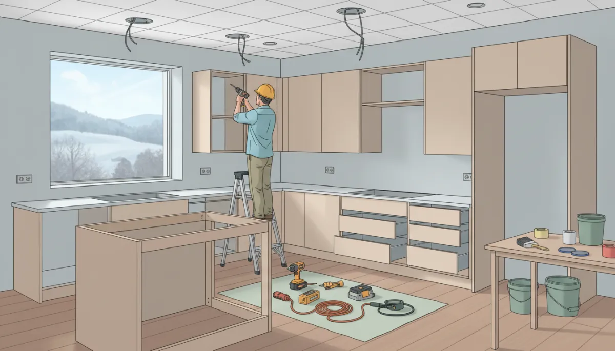 Kitchen renovation in progress with cabinets and lighting being installed