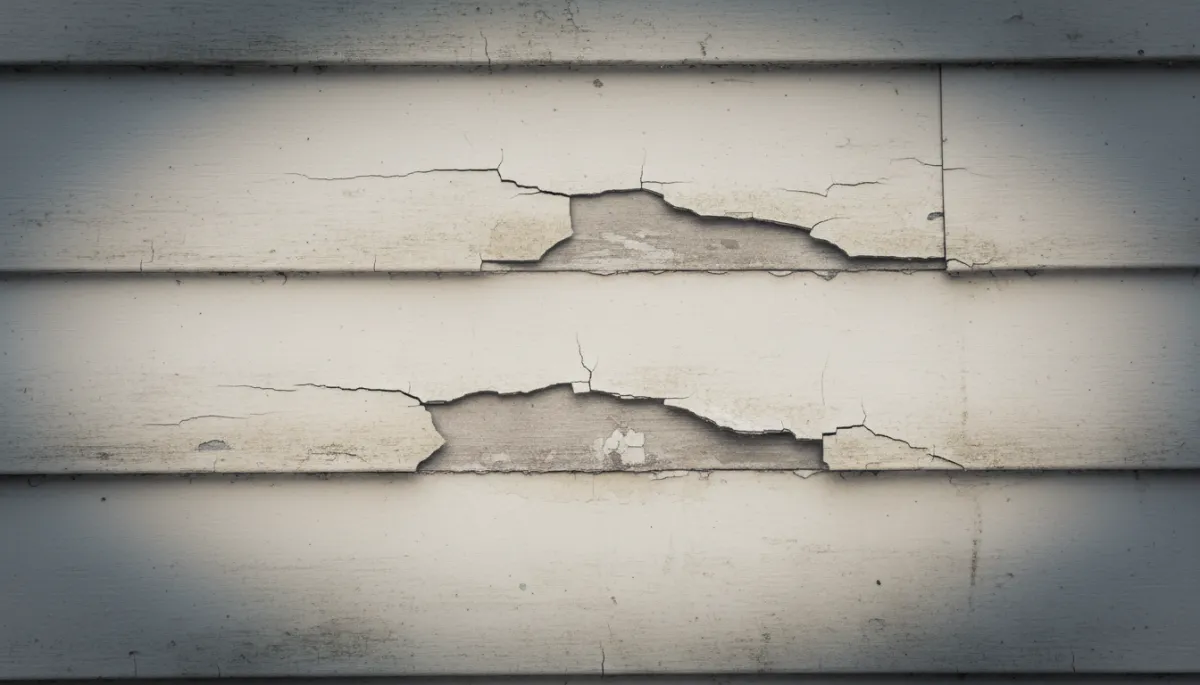 Close-up of faded, cracked siding on a Jamestown home