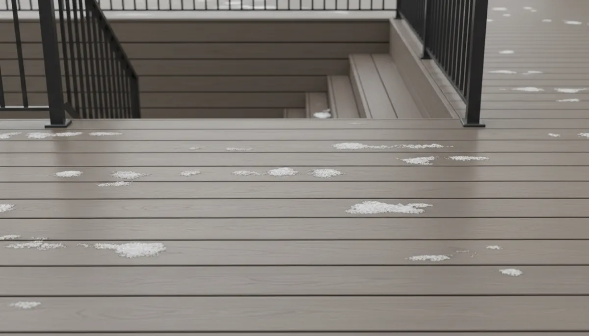professional close-up of composite decking boards with light snow melting on surface, neutral gray-brown tones, Jamestown NY style backyard railing and steps in background professional close-up of composite decking boards with light snow melting on surface, neutral gray-brown tones, Jamestown NY style backyard railing and steps in background