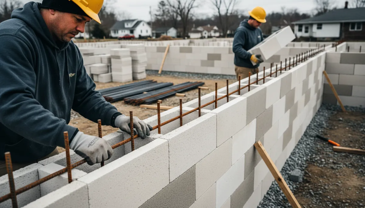 Crew assembling insulated concrete forms and rebar for a residential foundation