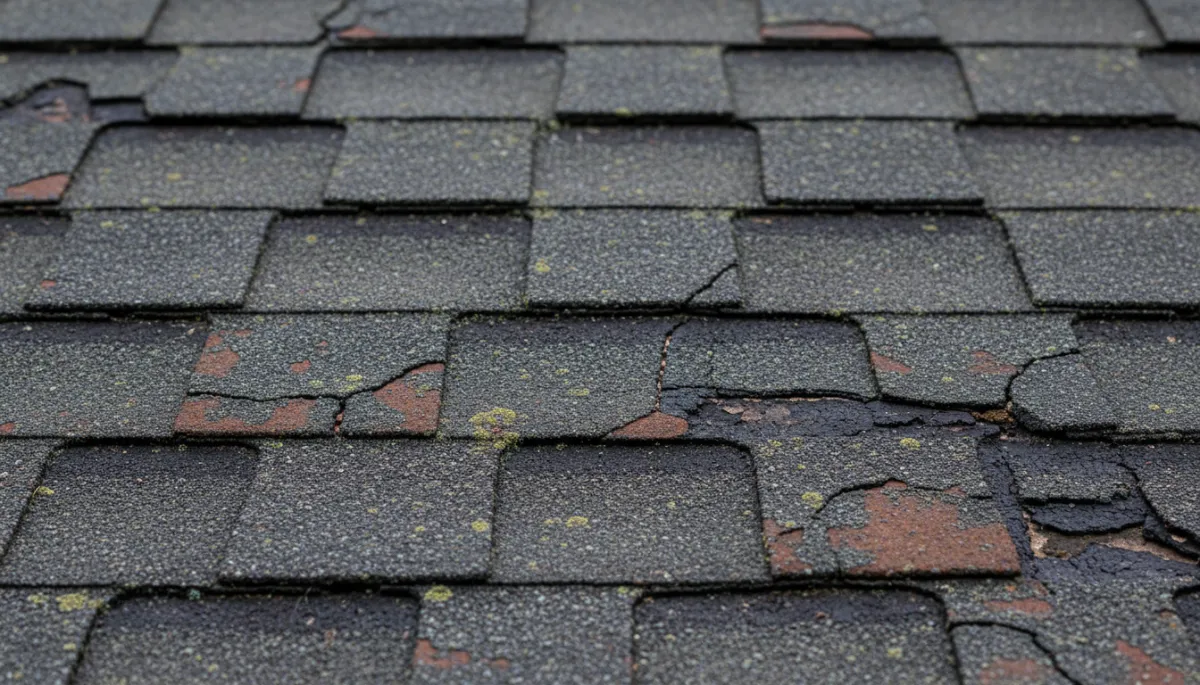 Close-up of curling and worn asphalt shingles on a residential roof
