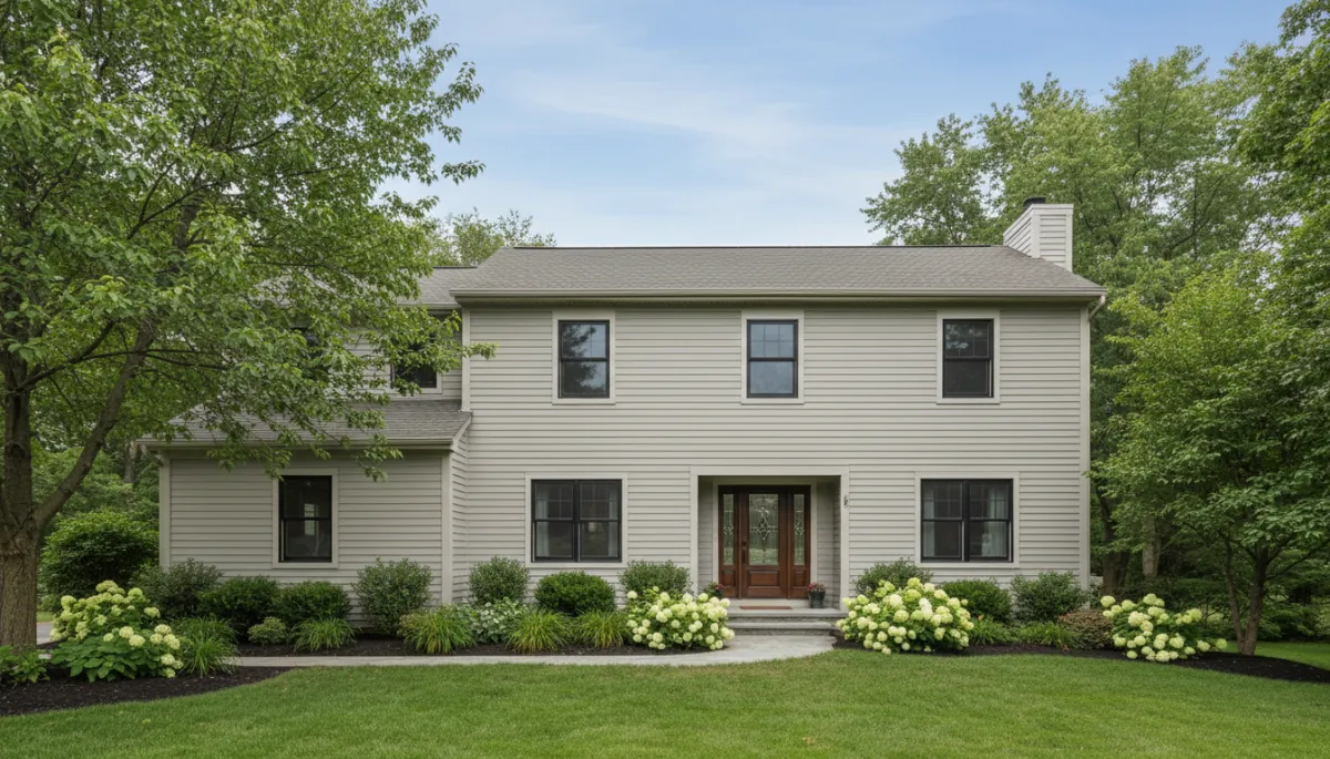 Home with new modern vinyl siding in a neutral color