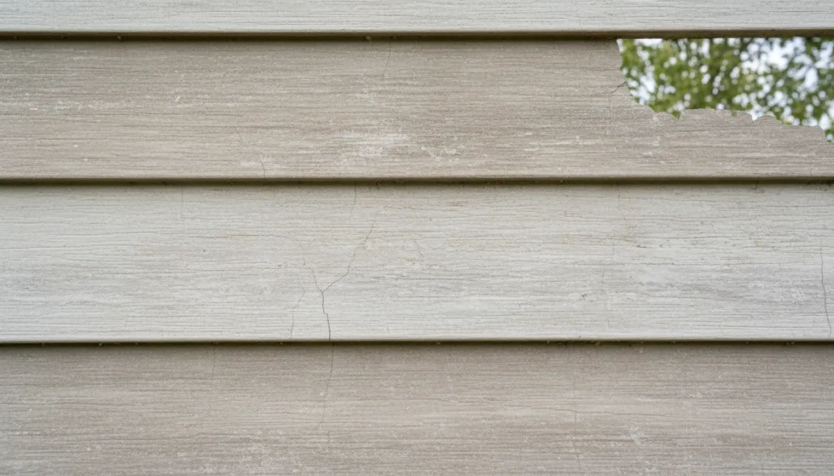 Close-up of faded, cracked, and warped vinyl siding