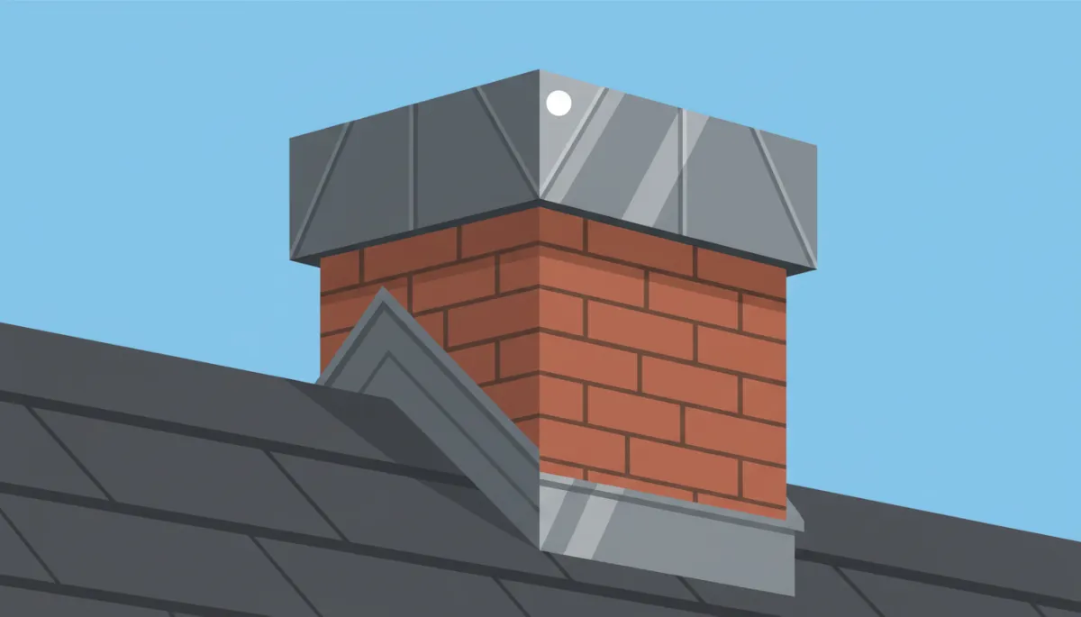 Close-up of roof flashing around a chimney in clear daylight Close-up of roof flashing around a chimney in clear daylight