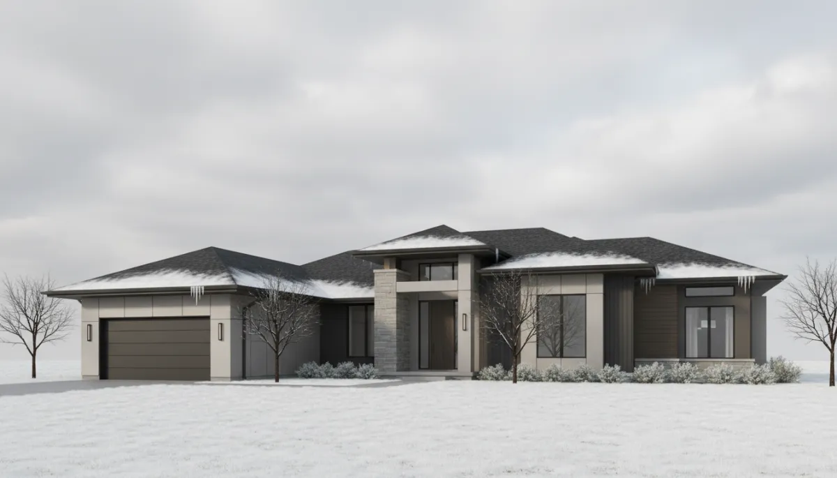 professional photorealistic view of a Western New York home in early winter, neutral color palette, light layer of snow on asphalt shingle roof and yard, cloudy sky, subtle icicles along eaves professional photorealistic view of a Western New York home in early winter, neutral color palette, light layer of snow on asphalt shingle roof and yard, cloudy sky, subtle icicles along eaves