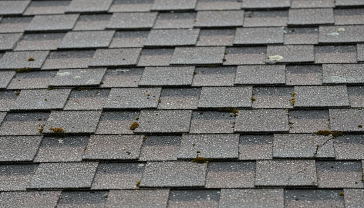 Close-up of weathered asphalt shingles showing granule loss and curling edges