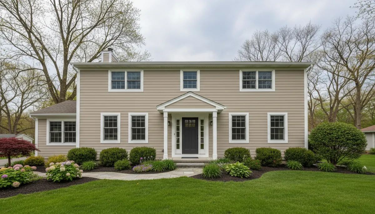 Western New York home with neutral siding and white trim