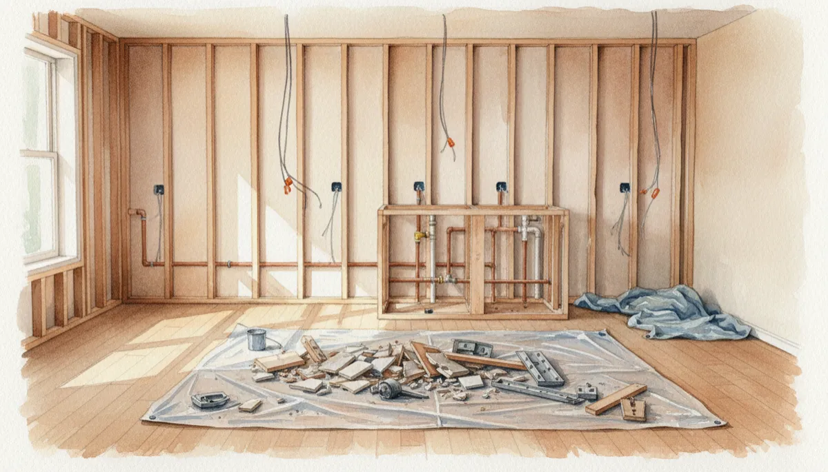 Kitchen mid-demolition with utilities and framing exposed