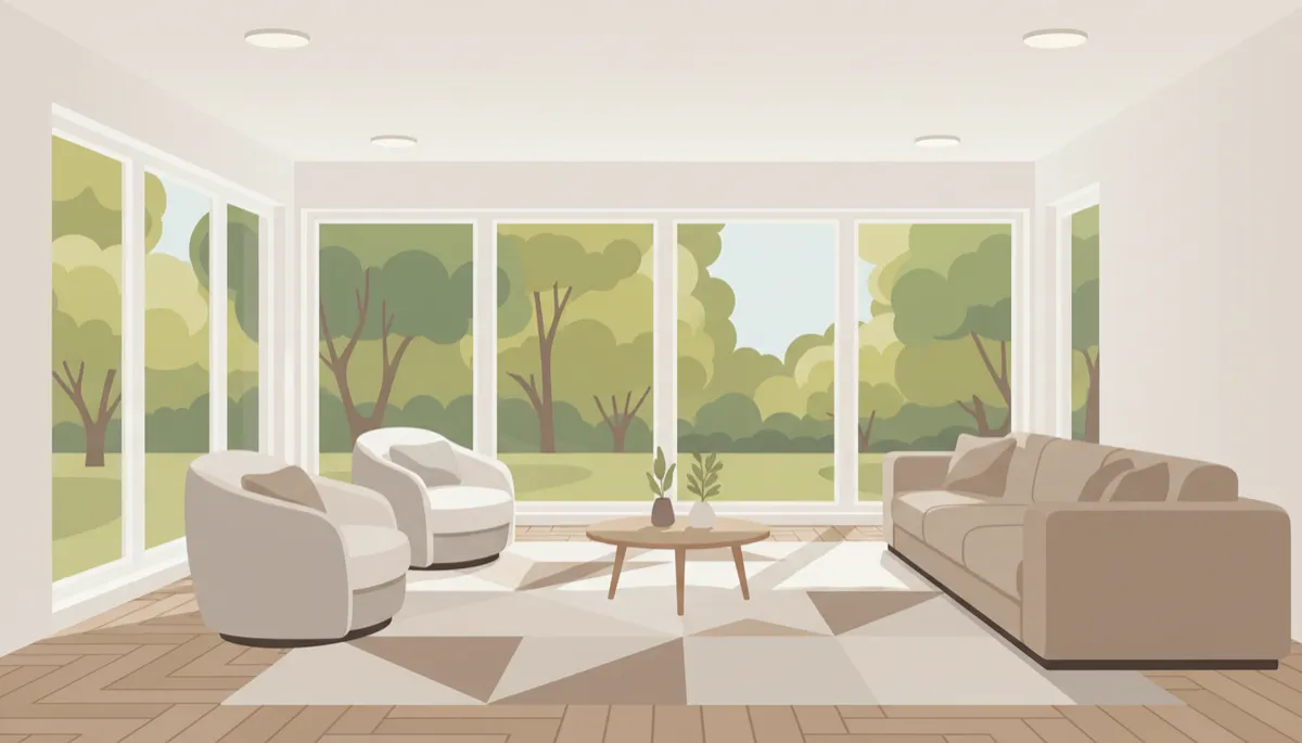 Bright interior of a finished home addition with large windows and hardwood floors Bright interior of a finished home addition with large windows and hardwood floors