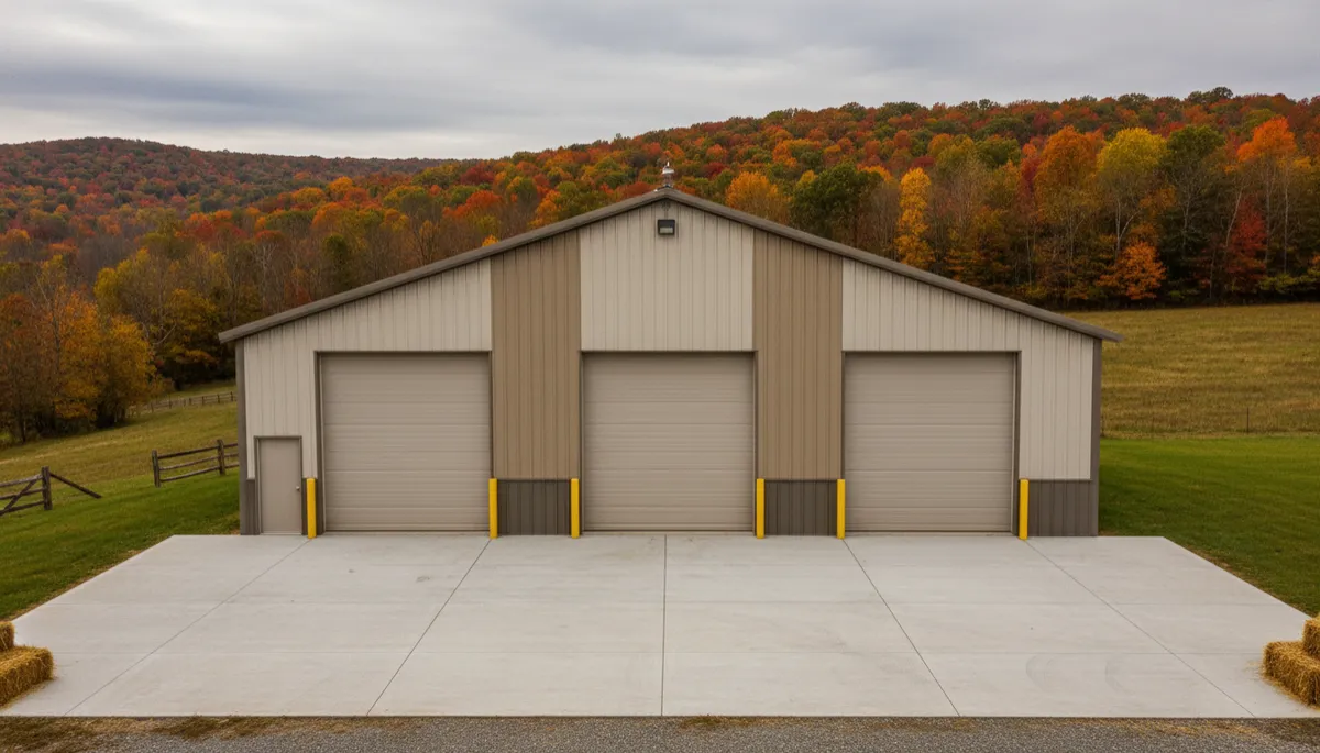 professional photo of a mid-size neutral-tone pole barn workshop with overhead doors and concrete apron on a Western Pennsylvania homestead, cloudy sky, early fall colors professional photo of a mid-size neutral-tone pole barn workshop with overhead doors and concrete apron on a Western Pennsylvania homestead, cloudy sky, early fall colors