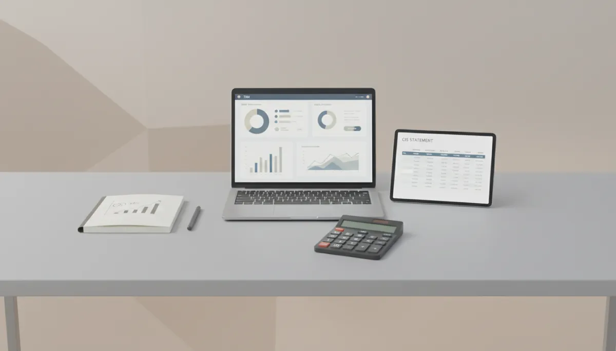 Digital tax dashboard alongside CIS paperwork and calculator on a desk
