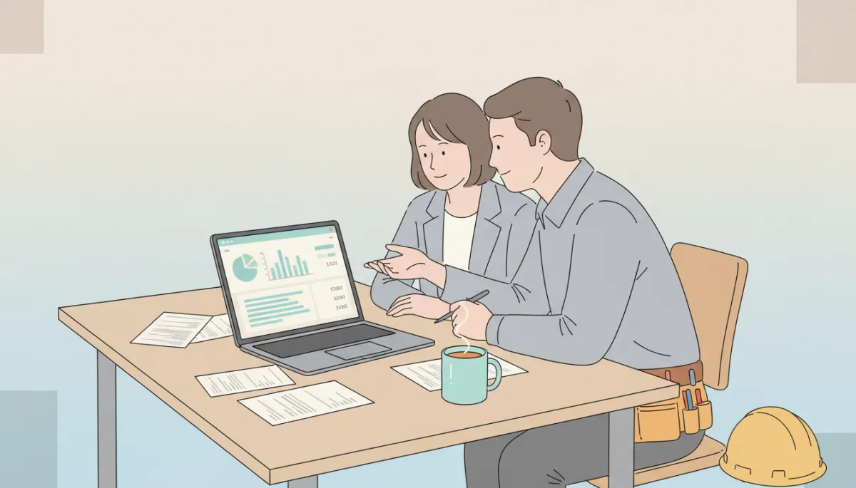 Accountant supporting a small builder with digital bookkeeping on a laptop