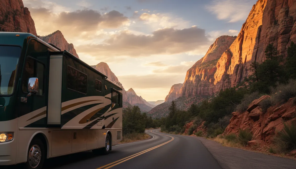 Luxury RV traveling through a golden-hour canyon road in Zion National Park