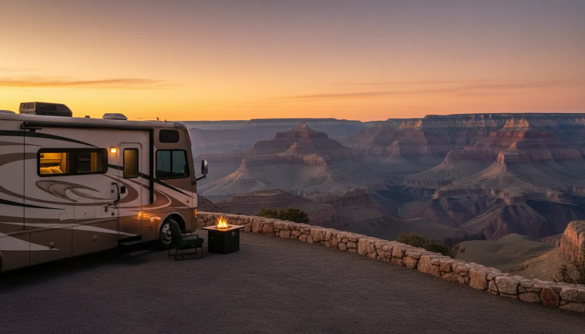 Luxury RV parked at a peaceful Grand Canyon overlook during sunset