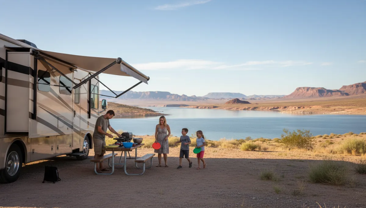 Family RV parked near Lake Mead with kids playing outside