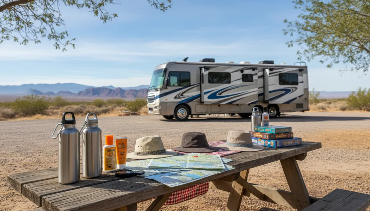 Camping essentials laid out beside a family RV in Nevada