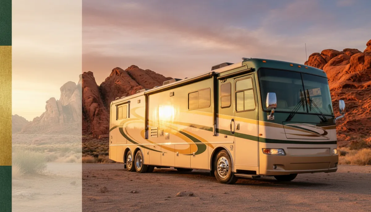photorealistic luxury Class A motorhome parked at golden hour in the Mojave Desert near Las Vegas, soft warm sunlight reflecting on the RV's glossy surface, dramatic red rock formations in background, sky in pastel sunset colors, subtle accents in gold #c9a84c, dark green #2d4a3e, and cream #f5f1e4, elegant overlay title area on left side