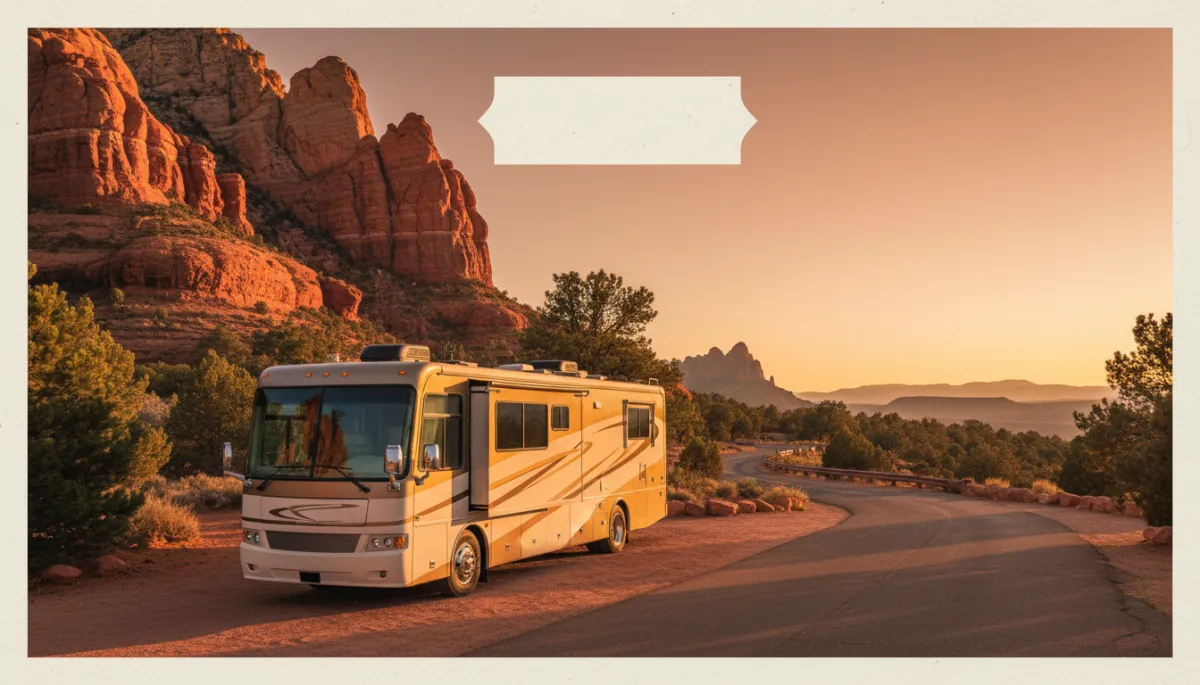 photorealistic luxury Class A RV parked at a scenic overlook in the American Southwest during golden hour, warm sunlight catching red rock formations and pine trees, subtle accents in gold #c9a84c dark forest green #2d4a3e and cream #f5f1e4, elegant overlay space for title text in the sky area