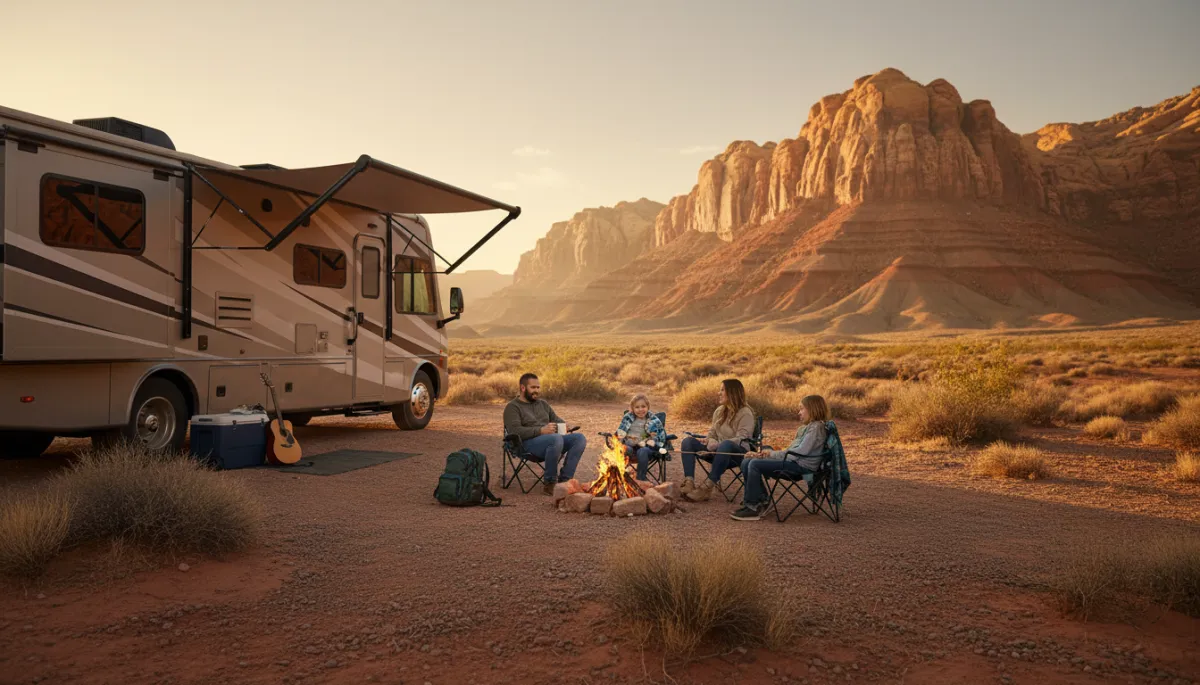 photorealistic wide shot of a modern family RV parked near a Nevada desert campsite at golden hour, parents and two kids sitting around a small campfire with Red Rock-style cliffs in the background, neutral warm color palette, soft natural light