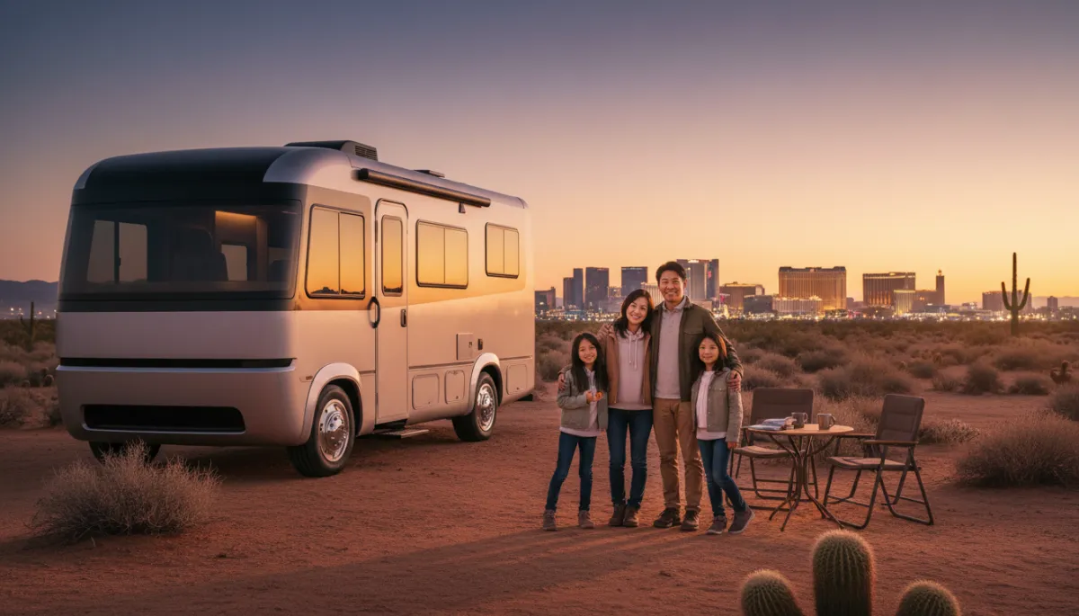 photorealistic neutral-tone scene of a Japanese family with two children standing beside a modern RV at sunset near Las Vegas desert, distant Strip skyline glowing softly, camp chairs and small table outside the RV, warm natural light
