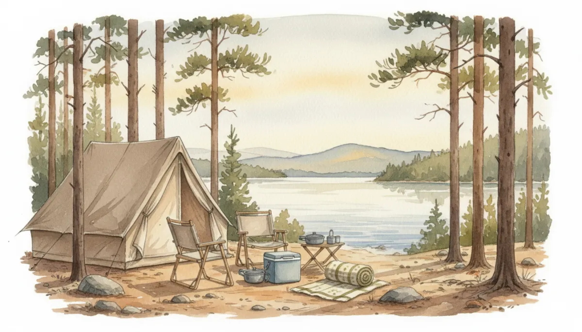 Organized lakeside campsite with tent and gear near Big Lake Organized lakeside campsite with tent and gear near Big Lake