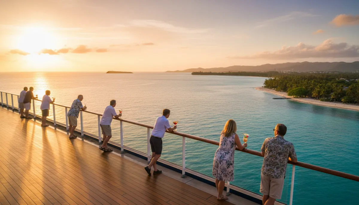 A high-resolution, realistic photo taken from the deck of the Coral Princess cruise ship at golden hour, with guests leaning on the rail, overlooking a tropical coastline and calm ocean, conveying a sense of luxury and adventure.