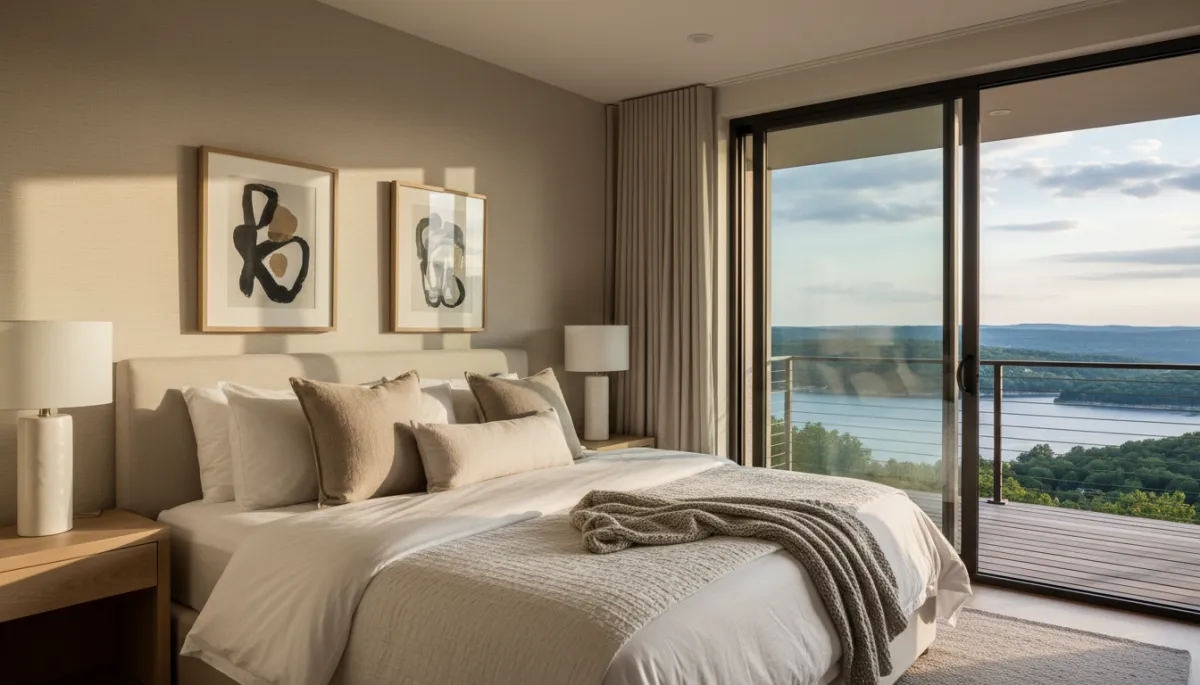 Professionally staged Lake Ozark bedroom with balcony and lake view